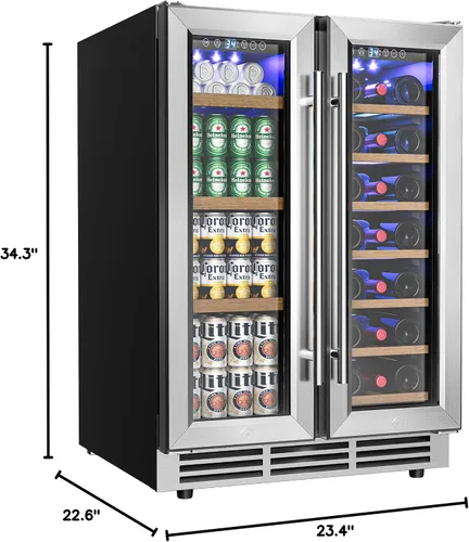 Miniatura 10 de EUHOMY Refrigerador de vino y bebidas, enfriador de vino de doble zona de 24 pulgadas con puerta de vidrio que contiene 21 botellas y 88 latas