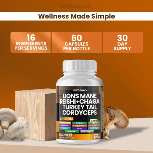 Miniatura 5 de Vitamax Champiñón de melena de leones, cola de pavo, Chaga y Reishi, Cordyceps Shiitake White Elm King Trompet Nameko Oyster Porcini Focus & Energy