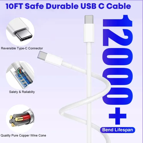 Miniatura 5 de Cargador rápido para iPhone 17/16/15, carga rápida extra larga de 10 pies, paquete de 3 bloques USB-C a USB C, cable de carga rápida para iPhone