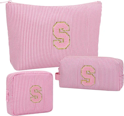 Miniatura 70 de Juego de bolsas de maquillaje con iniciales para niñas y mujeres, bolsa de cosméticos con monograma con soporte para cepillos, estuche de maquillaje