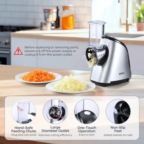 Miniatura 5 de Ganiza Rallador eléctrico 5 en 1 para cocina, triturador de queso máximo de 250 W, 5 cuchillas intercambiables, cortador eléctrico