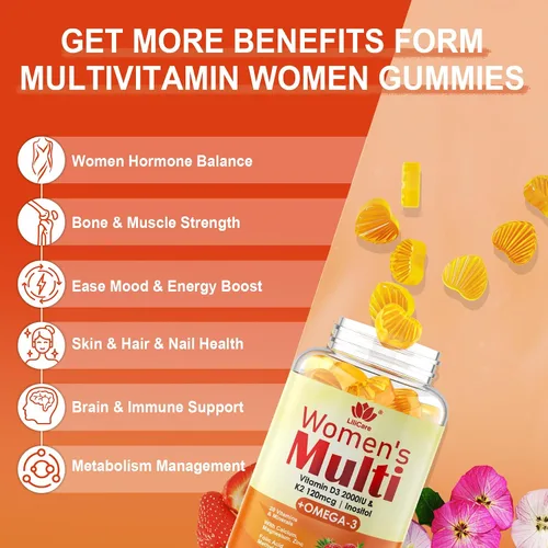 Miniatura 3 de Gomitas multivitamínicas para mujer, multivitamínico metilado para mujeres con Omega 3 (DHA/EPA), vitamina D3 K2, calcio, inositol, vitaminas
