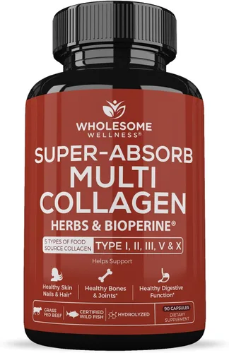 Super Absorb Multi Colágeno Píldoras (Tipo I II III V X) Hierbas Orgánicas y Bioperina - Anti-Envejecimiento, Pelo, Piel, Uñas, Articulaciones,