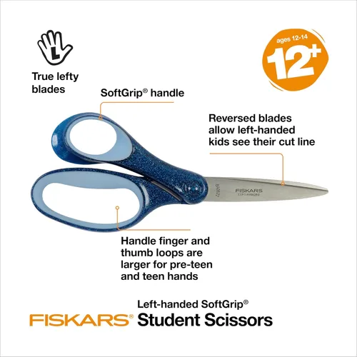 Miniatura 3 de Fiskars SoftGrip Tijeras con purpurina para zurdos de 7 pulgadas para niños a partir de 12 años, tijeras para zurdos para la escuela o manualidades