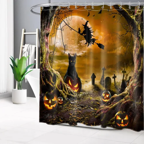 Miniatura 15 de LB Cortina de ducha espeluznante de Halloween, árbol muerto espeluznante con tela de araña de murciélago, cortina de ducha de baño con temática