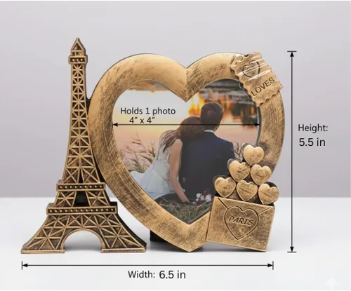 Miniatura 2 de Marco decorativo de fotos con forma de corazón dorado con temática de París 4 "x 4