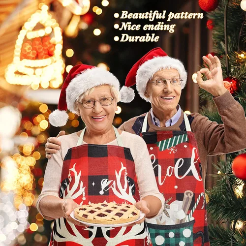 Miniatura 6 de Zhanmai 7 delantales de Navidad para mujeres y hombres, delantales de Navidad a cuadros rojos y negros, delantales de Navidad ajustables