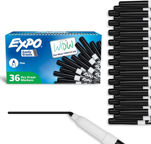 EXPO Marcadores de borrado en seco, tinta de bajo olor, negro, punta fina, 36 unidades, se borran fácilmente, ideal para aula, hogar, oficina,