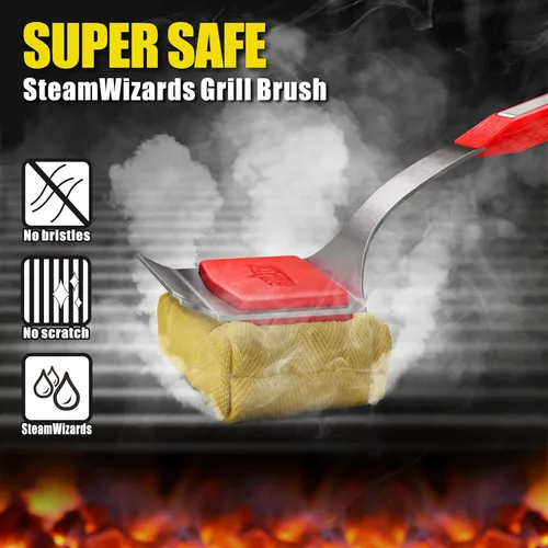 Miniatura 2 de GRILLART Cepillo para parrilla sin cerdas. Cabezal de limpieza reemplazable SteamWizards para barbacoa, herramienta raspadora única de ajuste