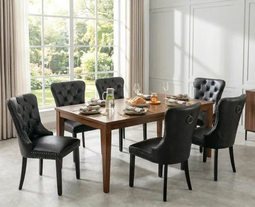 Miniatura 12 de Shunzhi Juego de 2 sillas de comedor de cuero beige, modernas de mediados de siglo, sillas de cocina tapizadas con capitoné, sillas auxiliares
