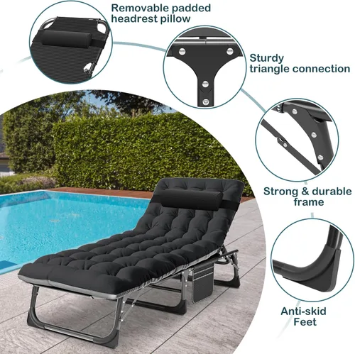 Miniatura 5 de NAIZEA Catre plegable de camping con alfombrilla para adultos, silla de descanso ajustable al aire libre, cama de dormir resistente, catres