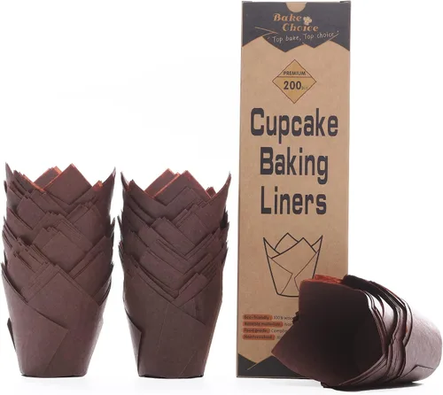 Bake Choice Nordic Paper 200 unidades de forros de tulipán marrón para magdalenas, tamaño estándar, papel pergamino de la UE, forros de tulipán para