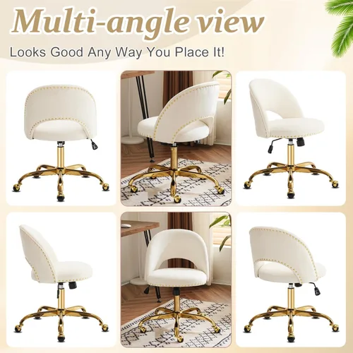 Miniatura 8 de VINGLI Silla de Oficina Pequeña de Terciopelo Moderna, Linda Silla de Escritorio con Ruedas, Base/Tachuelas Doradas, Cómoda Silla Giratoria sin