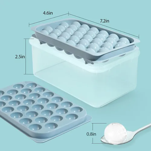Miniatura 5 de Bandejas para cubitos de hielo con tapa y contenedor, molde redondo pequeño de 0.8 pulgadas para cubitos de hielo – Máquina de bolas de hielo