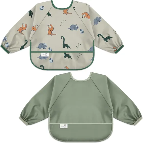 Miniatura 9 de Babero de manga larga para bebé, tela impermeable, bolsillo recolector, babero delantal para bebé, mangas ajustables