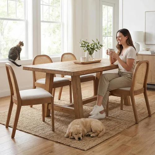 Miniatura 9 de LukeAlon Juego de 2 sillas de comedor de lino, sillas laterales de caña tejida natural con patas de madera maciza, sillas de comedor de mediados