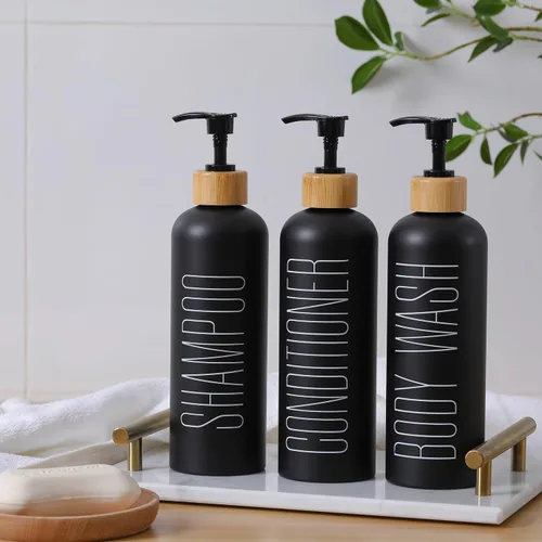 Miniatura 2 de HOMCDALY Juego de 3 botellas recargables negras para ducha de baño de 16 oz - Botellas vacías con bomba para champú, acondicionador o gel corporal