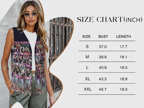 Miniatura 3 de ZXZY Chaleco sin mangas con flecos de lentejuelas para mujer, chaqueta ajustada y ligera