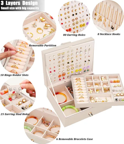 Miniatura 75 de Joyero de pendientes para mujeres y niñas, organizador de aretes de 5 capas, caja organizadora de joyas blanca con candado, collares y aretes