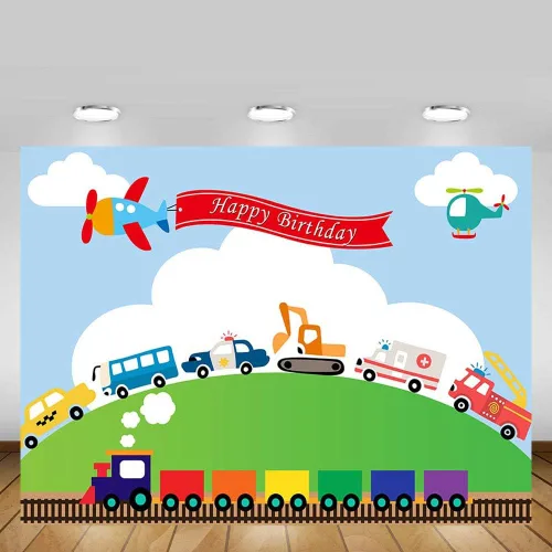Miniatura 4 de Telón de fondo de fiesta de cumpleaños para automóvil, tren, aviones, automóvil, camión, niño, primer cumpleaños, cielo azul, nube, césped, verde