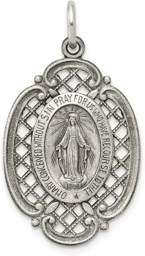 Colgante de plata de ley 925 con diseño vintage de Virgen María antigua y reza por nosotros medalla milagrosa con dije de María 1299in x 0709in Metal