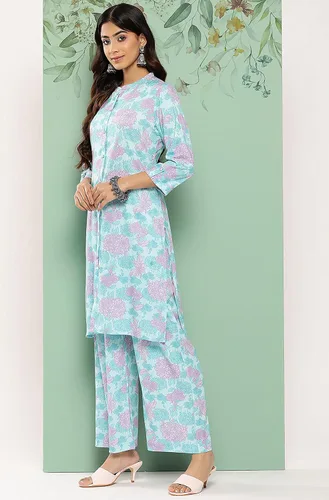 Miniatura 5 de Janasya Conjunto de coords con estampado digital de crepé azul cielo para mujer india