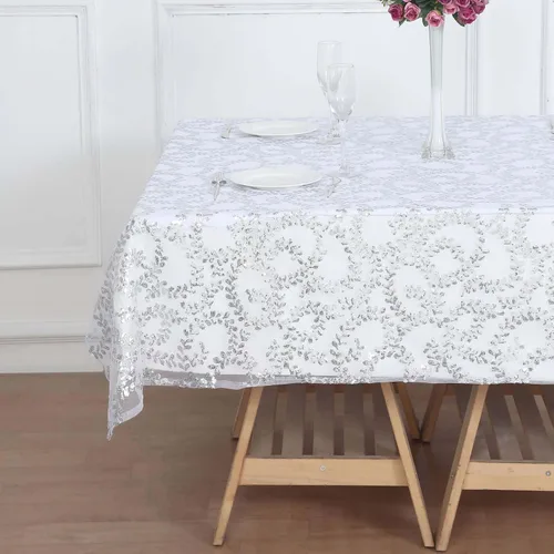 Miniatura 5 de Efavormart - Superposición de mesa de tul bordado de hojas de lentejuelas plateadas de 72 x 72 pulgadas, mantel cuadrado transparente Plateado