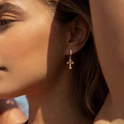 Miniatura 2 de MEVECCO Aretes pequeños de aro de cruz chapados en oro de 14 quilates, delicados, minimalistas, simples, con cruz de fe para mujeres y niñas, regalo