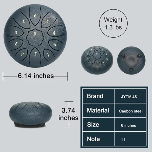 Miniatura 4 de Tambor de lengua de acero con 11 notas de 6 pulgadas con bolsa de tambor, libro de música, mazos de tambor, soporte para mazo, púas de dedos y Azul