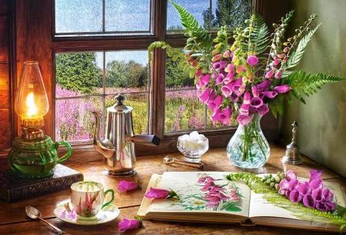 Miniatura 2 de CASTORLAND rompecabezas de 1000 piezas, naturaleza muerta con dragones violetas, interior clásico, vista de la ventana, rompecabezas jardín