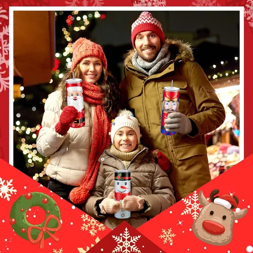 Miniatura 6 de Maxdot 4 vasos de Navidad con tapa y pajita, taza de Navidad de acero inoxidable, doble aislamiento, taza de viaje para agua, vaso al vacío