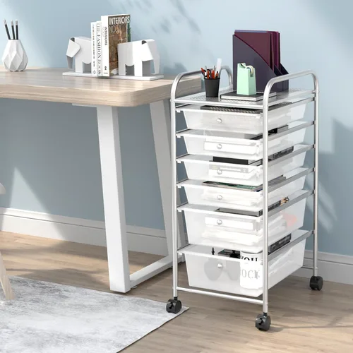 Miniatura 4 de Happygrill Carrito organizador de 6 cajones, carrito de almacenamiento móvil con cajones extraíbles y ruedas con cerradura, carrito de Transparente