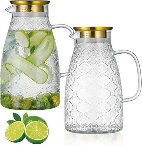 Buaic - Jarra de vidrio con tapa y asa, 2 PAQUETES 68 oz/2 litros Diseño de flores vintage para refrigerador, jarra de agua de vidrio de