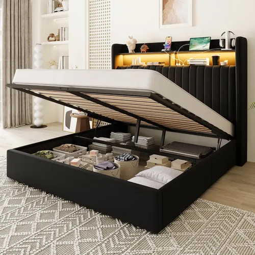 Miniatura 12 de Allewie Marco de cama de almacenamiento hidráulico elevable, tamaño Queen, cabecero de estante de 2 niveles con luces LED y estación de carga, Blanco