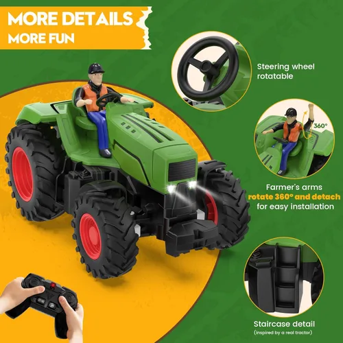Miniatura 3 de Uarzt Juguetes de tractor a control remoto para niños de 3 a 5 años, juguete de tractor RC con granjero y luz, escala 1:24, tractor de juguete