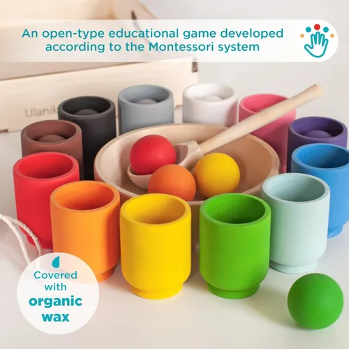 Miniatura 5 de Ulanik Pelotas en tazas Montessori Juguetes para niños de 1 año + niños preescolares juegos de madera a juego para aprender clasificación