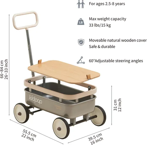 Miniatura 2 de kidpop PULA-Wild Vagón de Arrastre 3 en 1 para Niños, Andador de Empuje para Niños Pequeños de 2.5-8 años, Cubierta de Madera Extraíble y Manillar