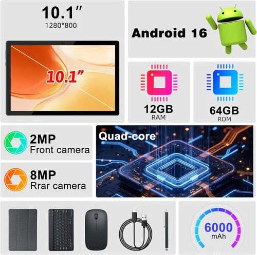 Miniatura 2 de Tablet Android 15 10 pulgadas 12GB RAM+64GB ROM/ 1TB expandible, pantalla táctil HD 1280 * 800, WiFi6 5G BT 5.0, tabletas 2 en 1 con funda