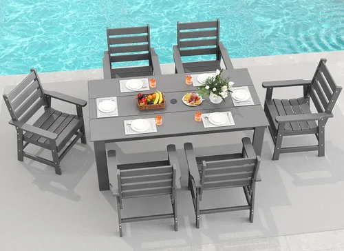 Miniatura 30 de GREENVINES Juego de comedor al aire libre de 7 piezas Juegos de mesa y sillas de plástico HDPE de 67 pulgadas para 6 Muebles de patio Todo