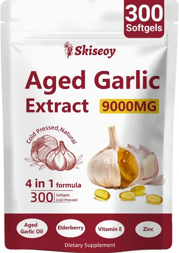 Extracto de ajo añejado inodoro – 2 años 4 en 1 suplementos de ajo fermentado con saúco, vitamina E y zinc para apoyo cardíaco e inmunológico,