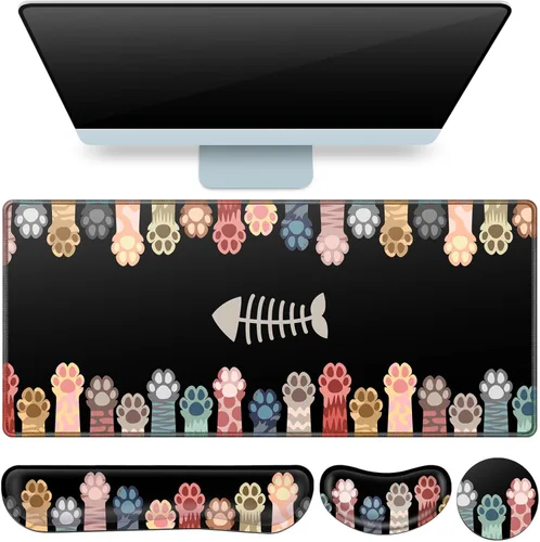 Miniatura 17 de Alfombrilla de ratón rosa, alfombrilla de mouse con soporte de muñeca, juego de 4 en 1: alfombrilla grande+soporte de muñeca para teclado+soporte