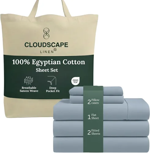 Miniatura 60 de Cloud Scape Linen - Juego de sábanas de algodón egipcio de doble capa, tamaño individual, tejido de satén de fibra larga, juego de 3 piezas, ropa