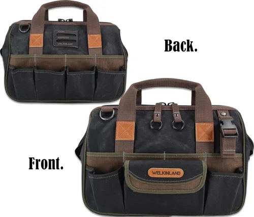 Miniatura 9 de WELKINLAND Bolsa de herramientas de lona de 30 bolsillos, bolsas enceradas de 14 pulgadas de alta resistencia, bolsa de herramientas, electricista