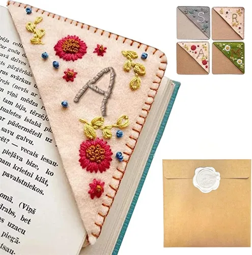 Miniatura 56 de Marcapáginas de esquina bordado a mano personalizado, 26 letras con costura a mano de fieltro, marcapáginas de esquina con bordado de flores lindo