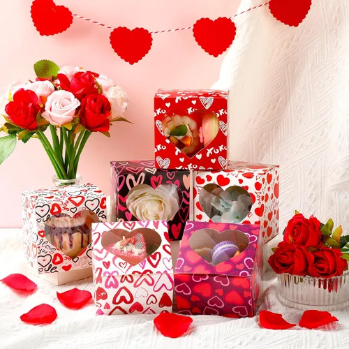 Miniatura 6 de Outus 24 cajas de postre, 4 x 4 x 3 pulgadas en forma de corazón con ventana de PVC, cajas para el día de San Valentín