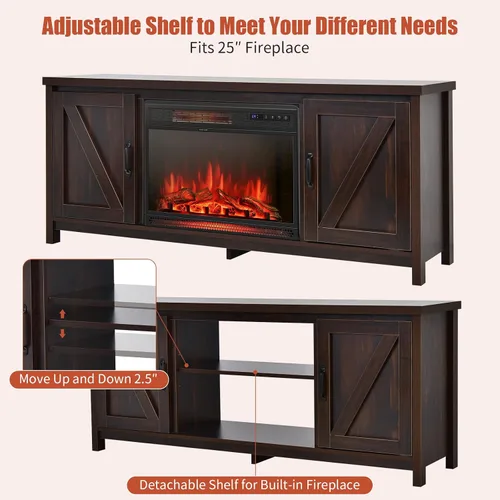 Miniatura 6 de Tangkula Soporte de TV con chimenea para televisores de hasta 65 pulgadas, mesa consola multimedia con puertas de granero, calentador eléctrico