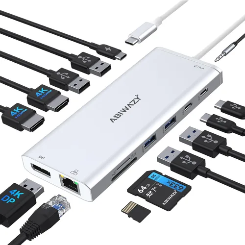 Hub USB C Estación de acoplamiento USB-C Monitor dual 14 en 1 Adaptador multipuerto de pantalla triple con 2 HDMI+DP+7 puertos USB tipo