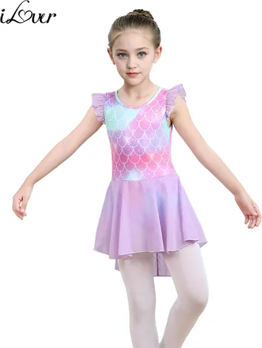 Miniatura 2 de iLover Vestido de leotardo clásico con mangas con volantes para niñas, para danza, gimnasia y ballet