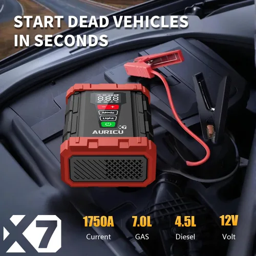 Miniatura 2 de X7 1750A Jump Starter Compresor de aire de 150 PSI Paquete de refuerzo de batería de litio de 12 V, caja de salto portátil, banco de energía