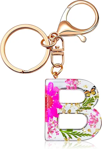 Llavero con letra inicial de mariposa, flor rosa, regalos de cumpleaños para mujeres y niñas, mochila, cartera, llave de coche, lindo llavero